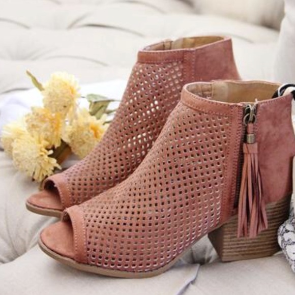 Chic Cinnamon Perforated Peep Toe Booties - Picture 4 of 7